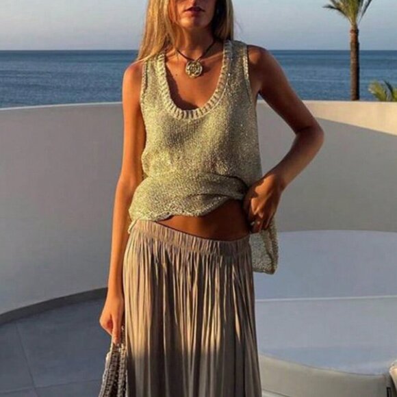 Gold Casual Women's Cute Sparkly See Through Textured Round Neck top - Picture 6 of 8